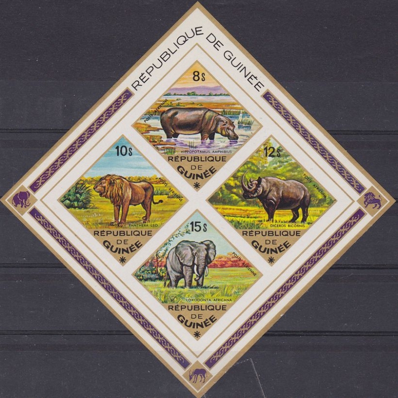 z vendido Republica de Guinea 1975 Scott 693/6 Sellos * Animales Elefante, León, Ronoceronte, Hipopotamo sin dentar ni goma 